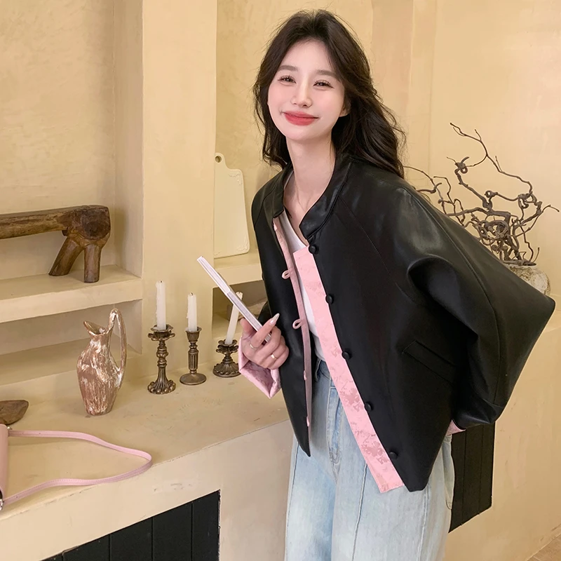 黑色新中式风小皮衣外套女2025春秋新款小个子宽松休闲PU皮夹克