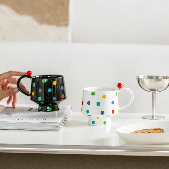 欧式波点陶瓷杯甜点杯高级创意设计家用马克杯高脚杯咖啡杯高颜值