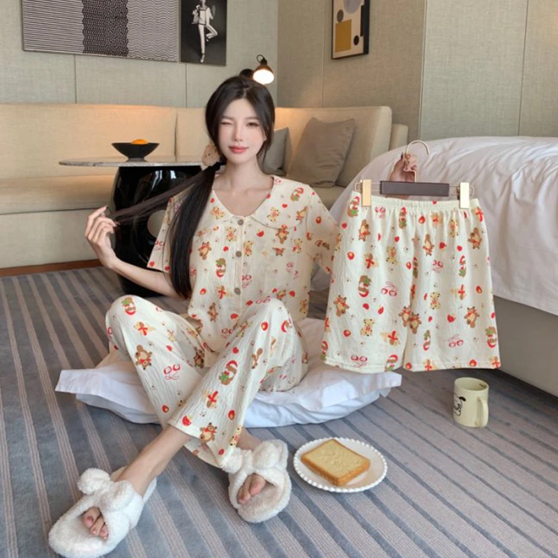 夏季新款可爱动物印花短袖带杯垫三件套睡衣绵柔透气女套装1981
