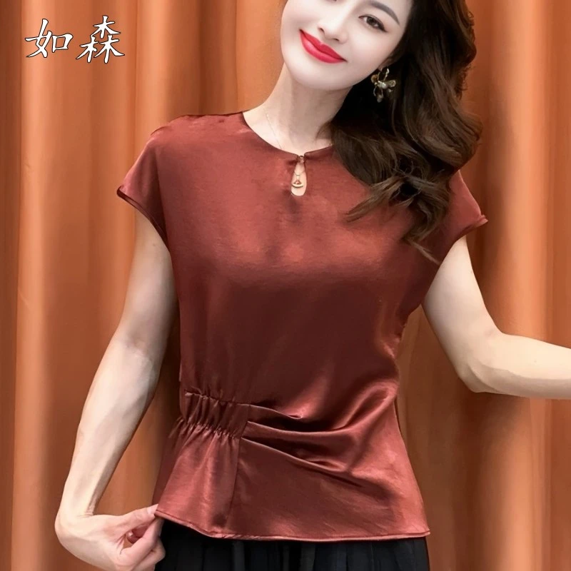 高级感时尚减龄醋酸缎面衬衫女2025夏季新款收腰显瘦气质百搭上衣