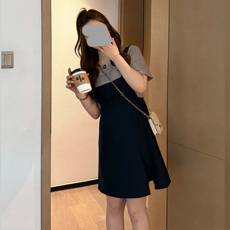 假两件圆领短袖连衣裙女装2025新款夏季超好看独特漂亮收腰a字裙
