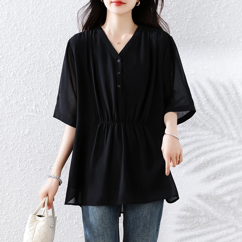大码高级感收腰V领短袖衬衫夏季新款中年胖妈妈显瘦遮肚洋气上衣