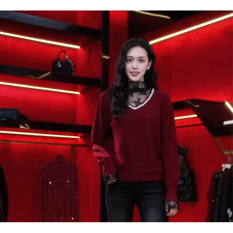 阿鱼家  秋冬新款蕾丝闪闪显瘦休闲时尚毛衣Y624