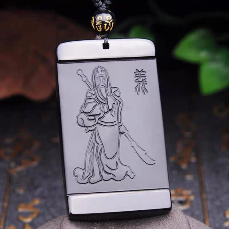 天然黑曜石关公吊坠男女款大气项链忠义关公挂件礼物珠链高级简约