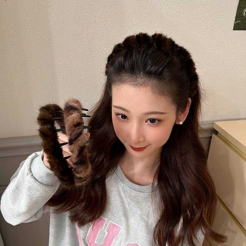 韩款复古豹纹带齿毛绒发箍女防滑洗脸发卡头箍2024年秋冬