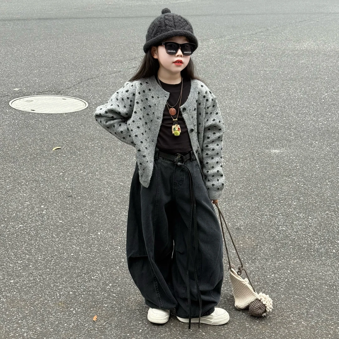 女童秋季韩版针织毛衣开衫外套中大童女孩宽松潮酷宽松牛仔哈伦裤
