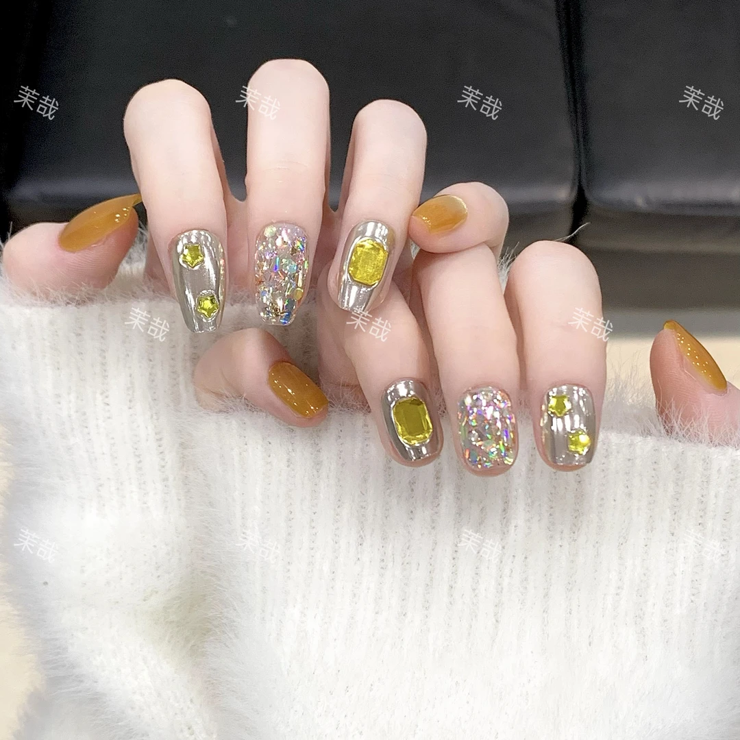 茉哉现货【多金菠萝】纯手工定制美甲拆卸穿戴甲A4189