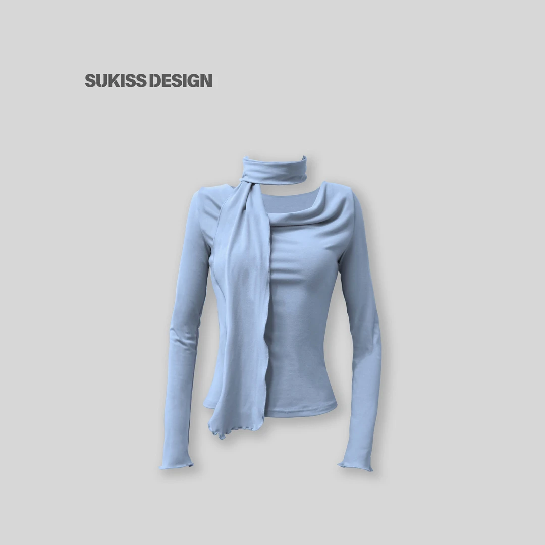 【SUKISS】夜纱垂浪 荡领飘带设计显瘦掐腰韩系小个子法式上衣-R02