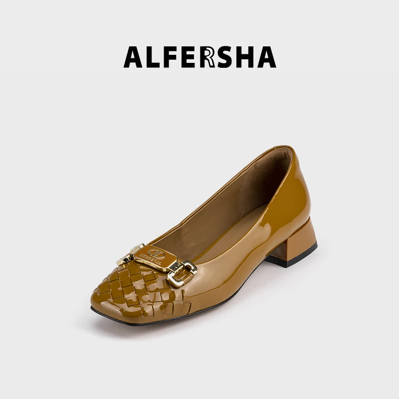 2025春款四季单鞋阿芙莎3320575新款气质百搭金属扣方头粗跟单鞋