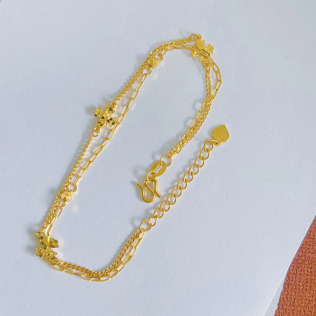 足金999鱼鳞龙鳞十字花蹦迪手链双链时尚仙女闪亮