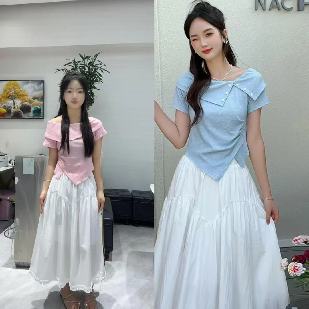 2025夏季新款法式温柔纯欲风一字肩T恤半身裙长裙两件套HJ-1935