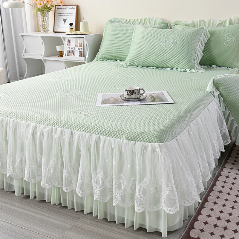 【山茶花床裙款】A类全凉感乙纶高分子纯色凉席三件套床裙款可机洗