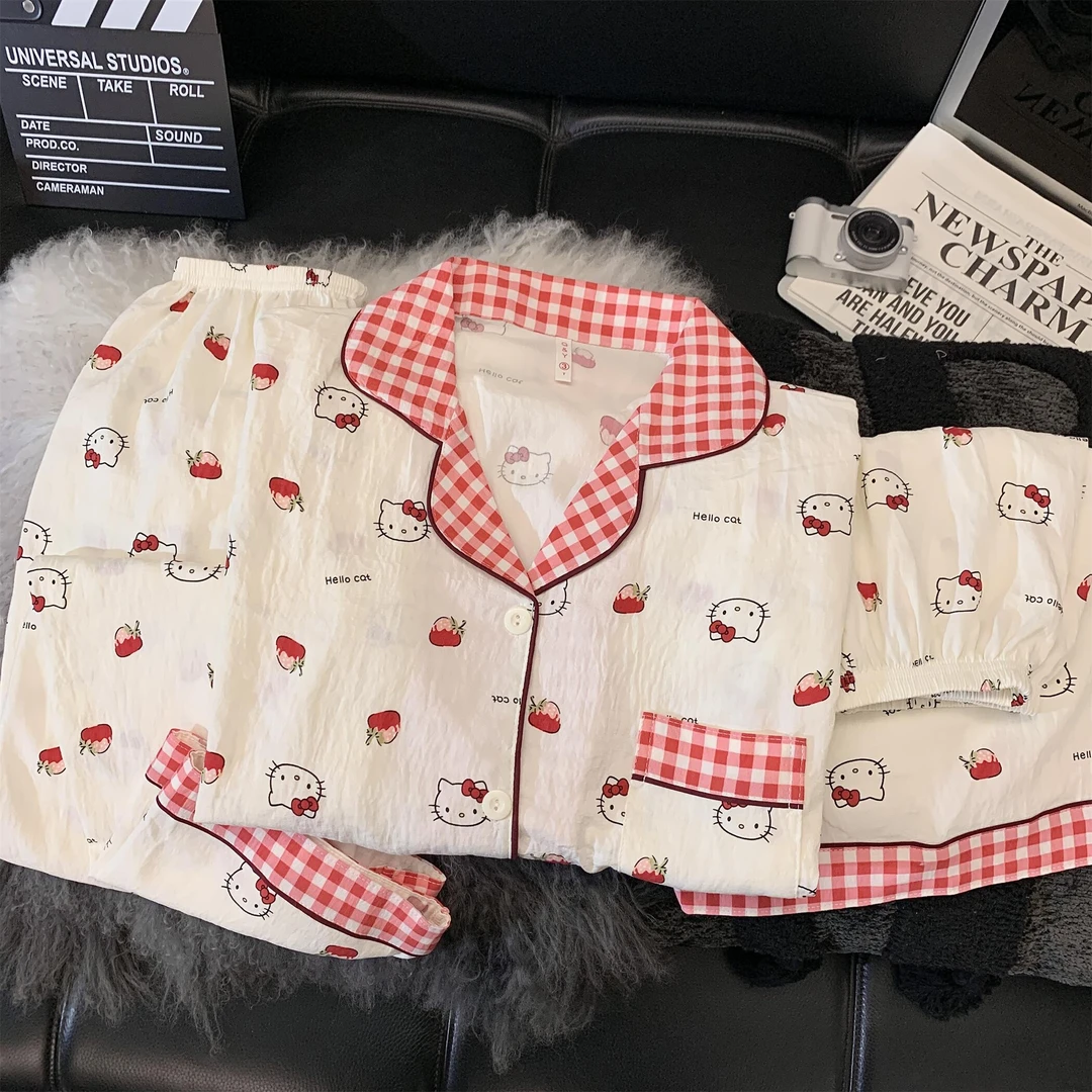 【三件套草莓KT】夏季云朵绵绿色青春卡通黑猫睡衣少女家居服