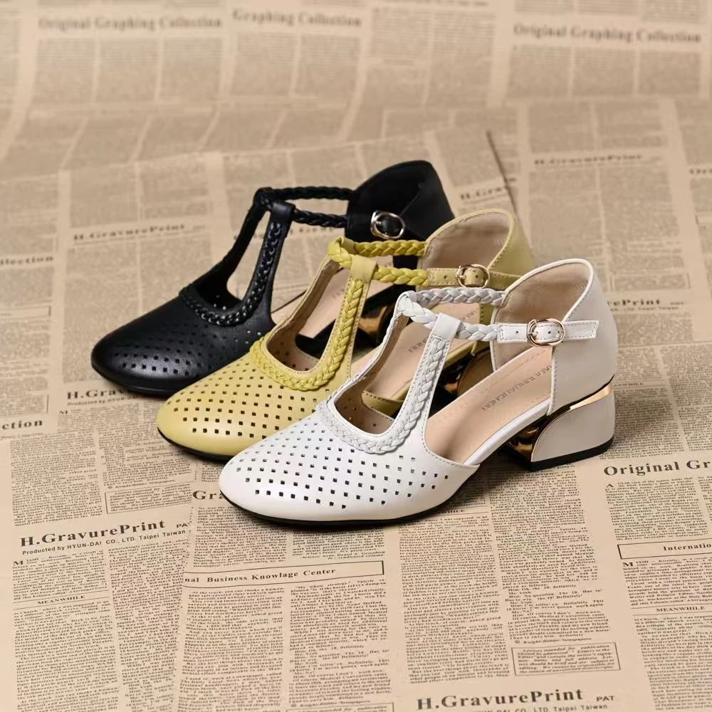 (真皮撤柜)包头女鞋子时装凉鞋圆头中跟编织高跟鞋低跟镂空