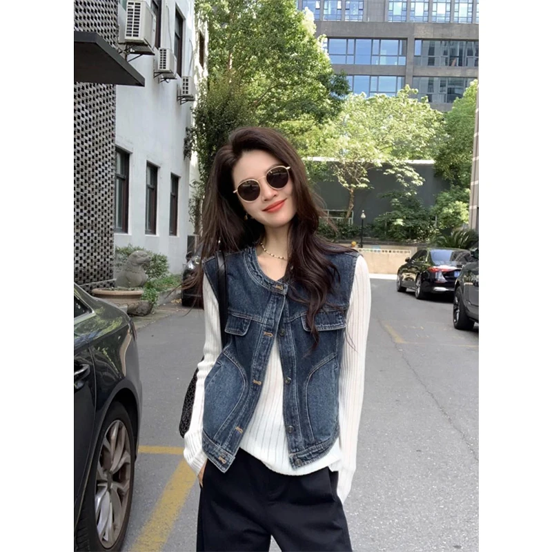 复古蓝色牛仔马甲背心女秋季外套小个子百搭显瘦短款宽松坎肩马夹