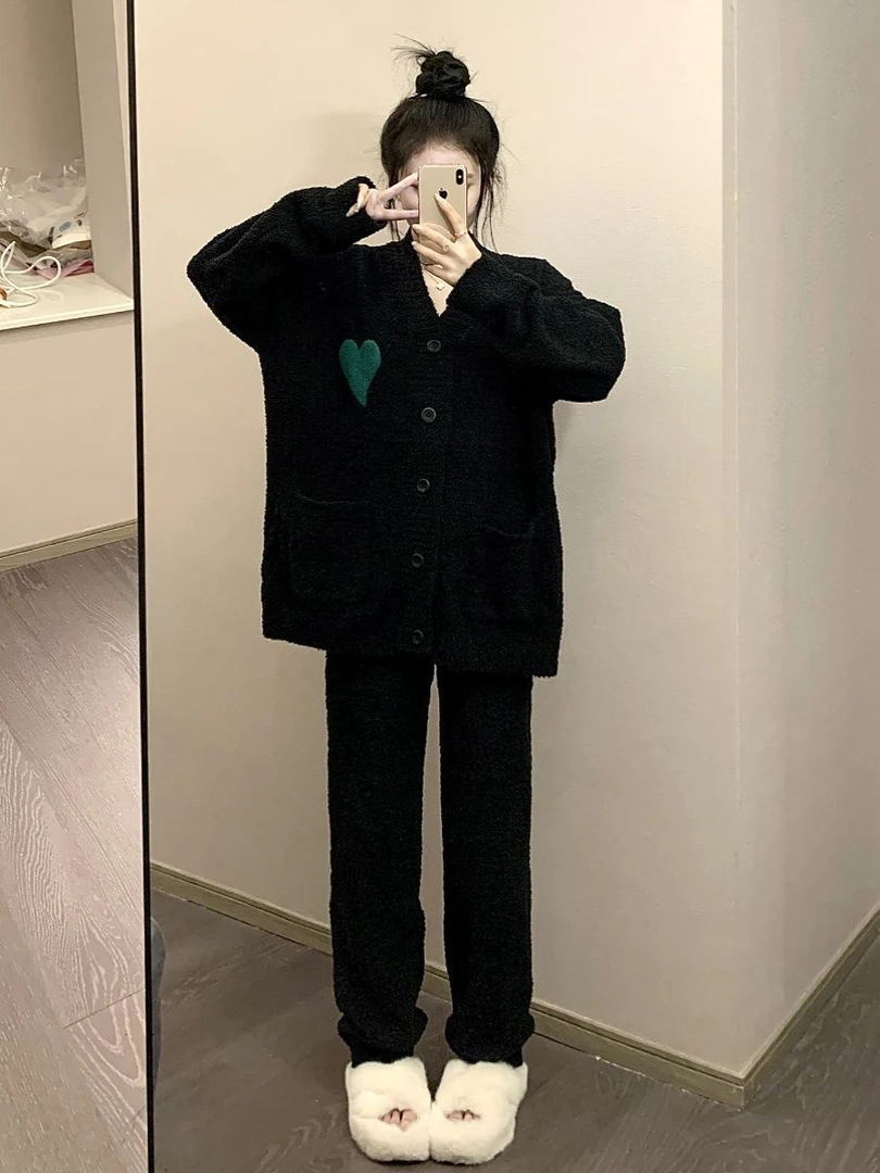 睡衣女秋冬季新款韩版宽松针织绒加绒加厚学生网红长袖家居服套装