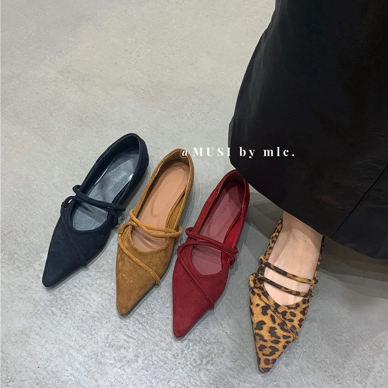 绒面尖头内增高豹纹单鞋女新款复古浅口一字带玛丽珍奶奶鞋子