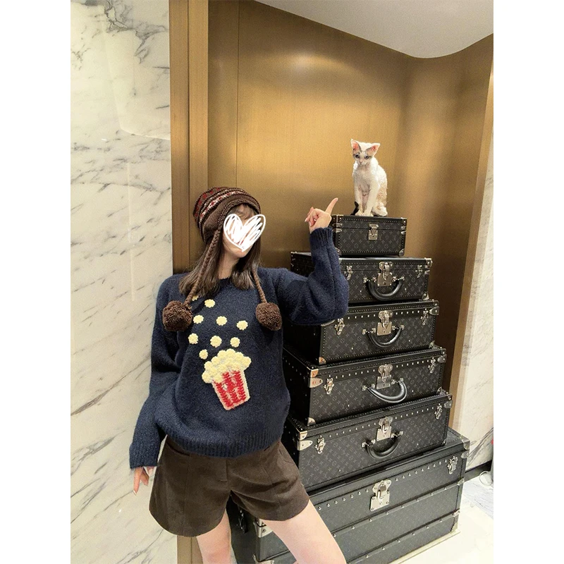【雾蓝米花】时尚针织毛衣个性慵懒风上衣女设计感百搭遮肉秋冬款