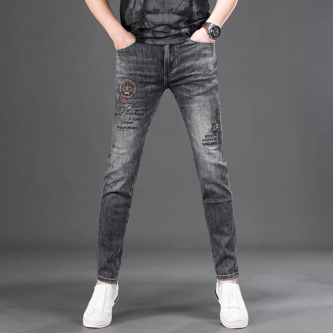 【Cebrodz】刺绣牛仔裤男新款夏季青年韩版潮流修身小脚裤弹力灰色