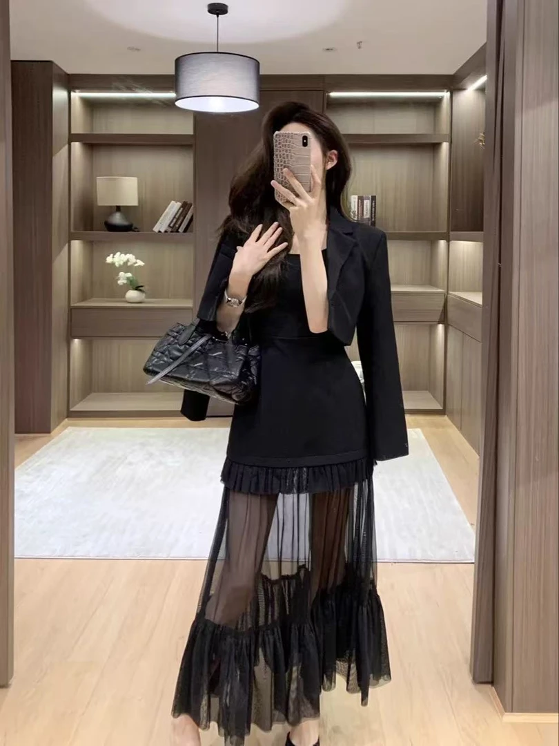 【晨浠定制】新款时尚高级感拼网纱中长半裙5502