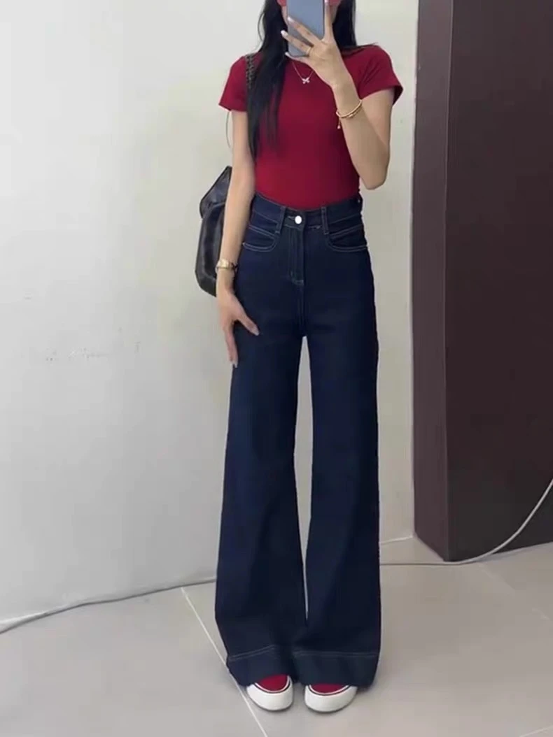 丹宁蓝复古高腰阔腿牛仔裤阔腿裤女2025年宽松显瘦直筒裤春季新款