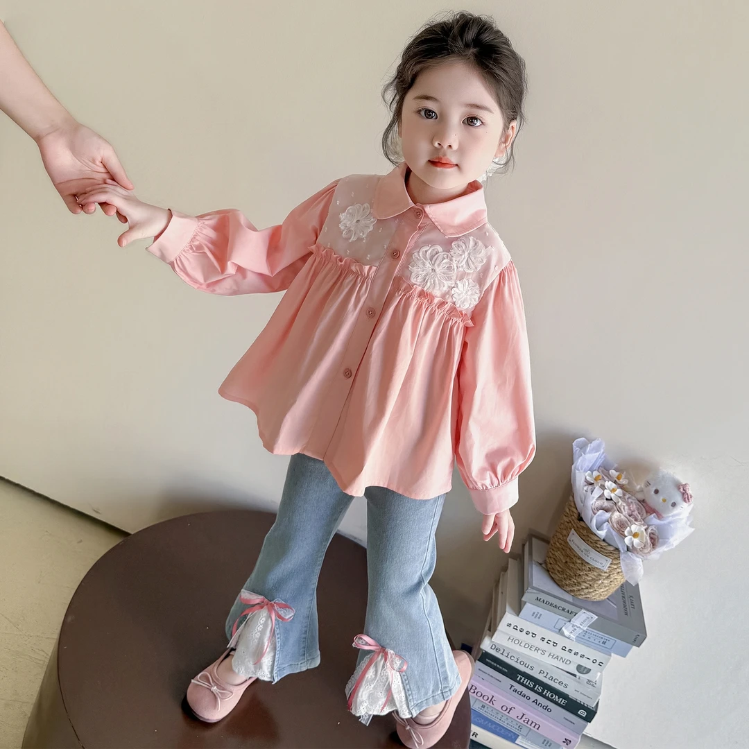 韩版女小童秋装洋气花朵衬衫2025新款儿童时尚女宝宝百搭长袖上衣