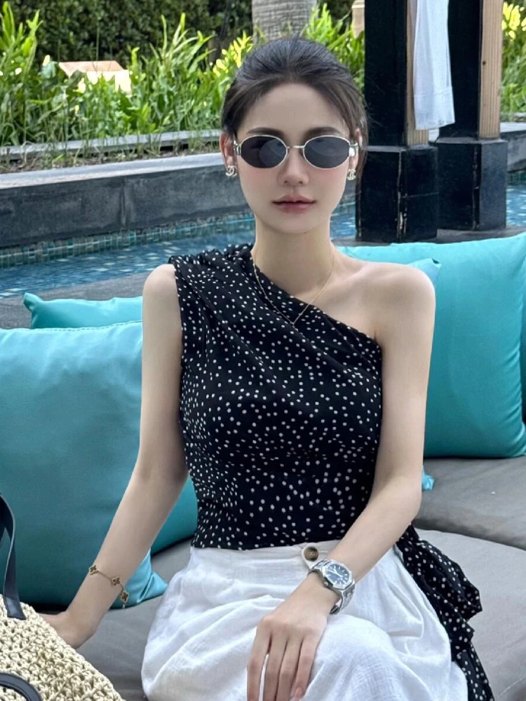 复古黑色波点斜肩无袖背心女装夏季修身绑带内搭露肩纯欲上衣外穿
