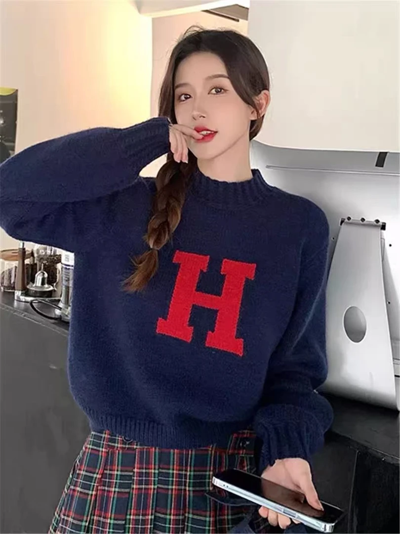 【兔哥女装】H字母提花套头款针织冬季毛针织衫慵懒风圆领打底衫