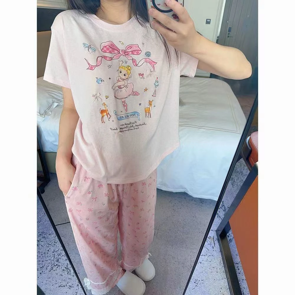 夏季2025年爆款新高级时尚睡衣甜美女士卡通风休闲短袖长裤两件套