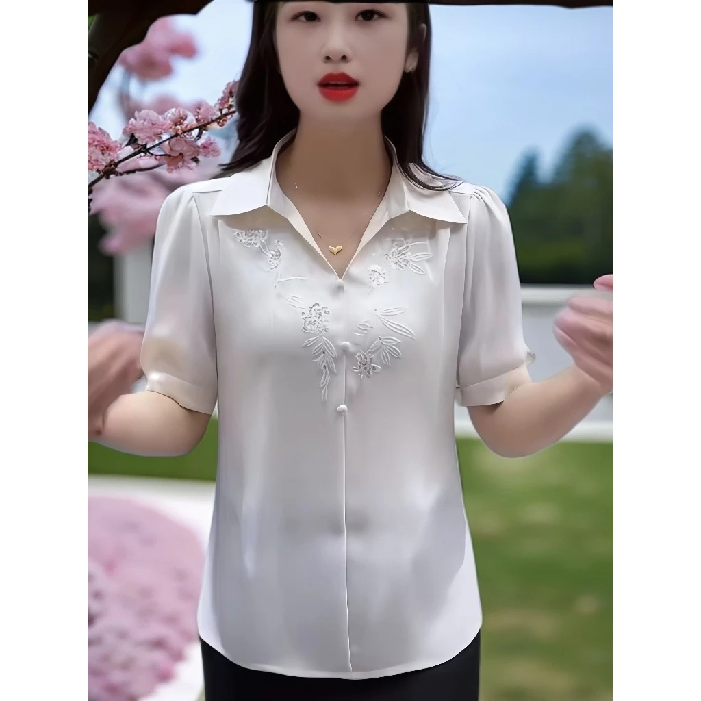 刺绣短袖打底衫衬衫显瘦衬衣网红夏季母亲节洋气轻奢温婉新款上衣