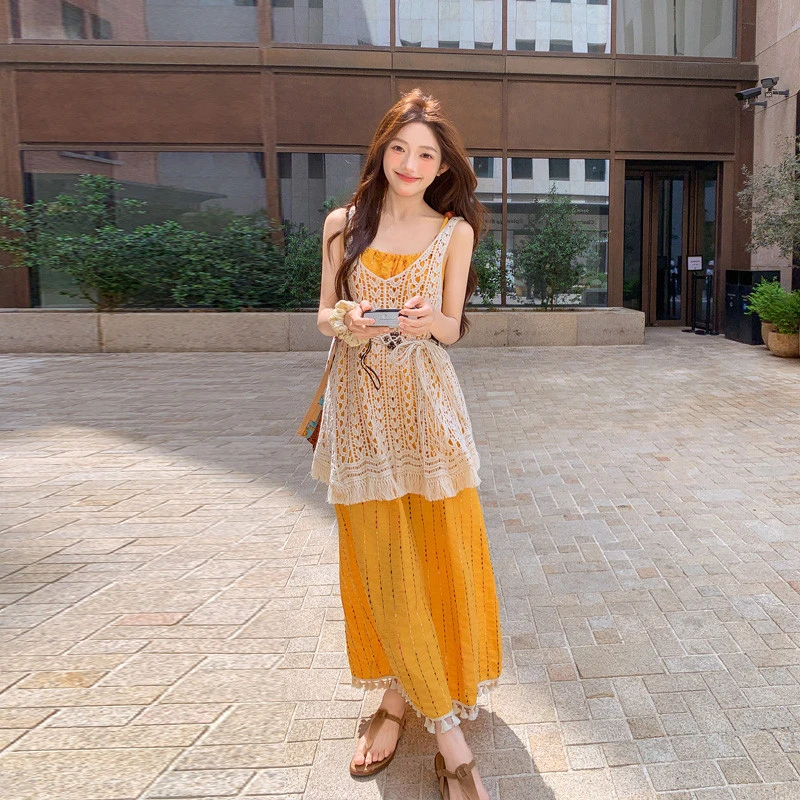 波西米亚吊带连衣裙女气质2025夏季新款海边度假罩衫叠穿长裙套装