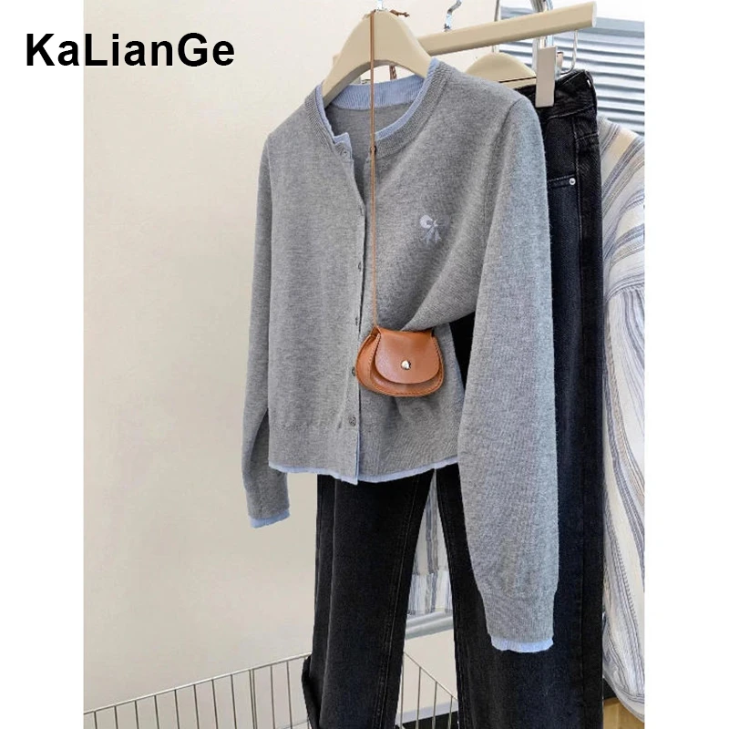 卡莲格/大码女装假两件圆领针织开衫秋季款休闲百搭显瘦上衣外套