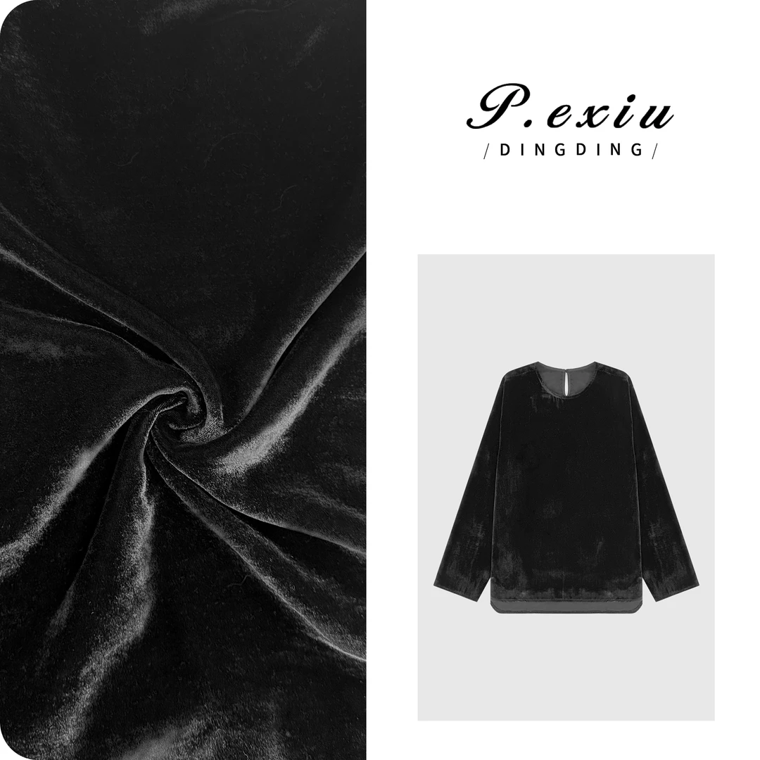 进口人丝丝绒气质高级感圆领长袖衬衫 W-63561