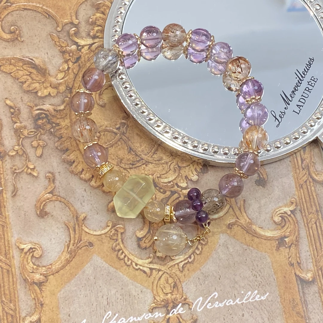 【紫气东来small】天然水晶手串紫水晶黑金超七手链原创小众设计