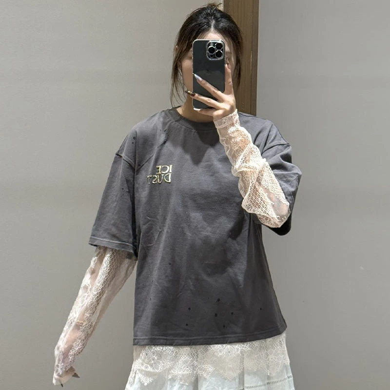 【现货】ICE DUST25冬季新款破洞蕾丝假两件T恤