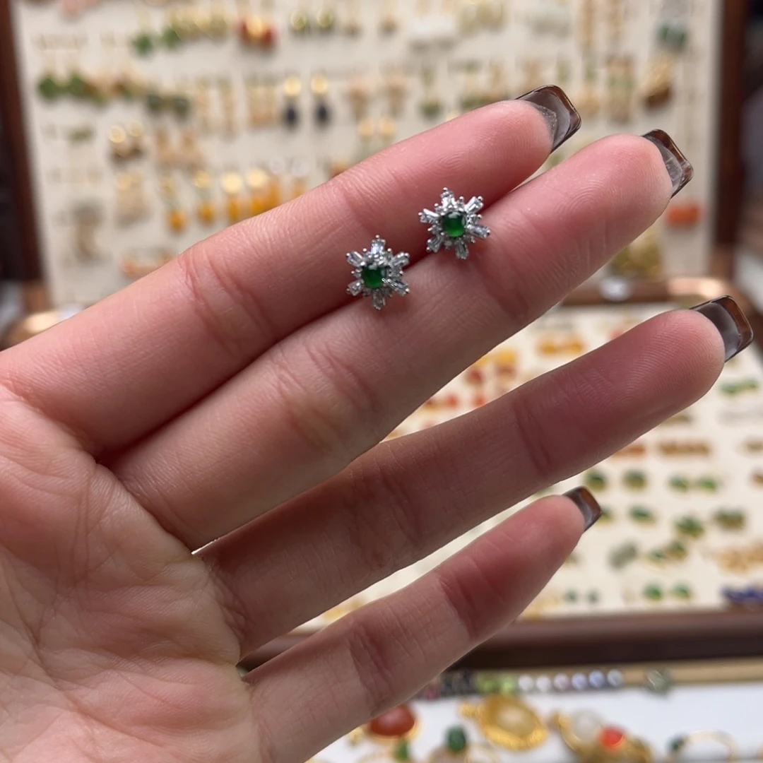 和田玉银S925镀金镶嵌耳饰