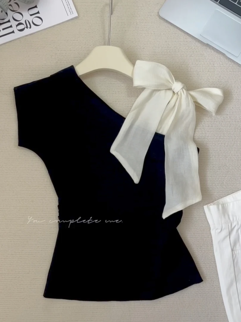 2025夏新款法式气质优雅纯欲斜领露肩系带修身针织短袖T恤女上衣