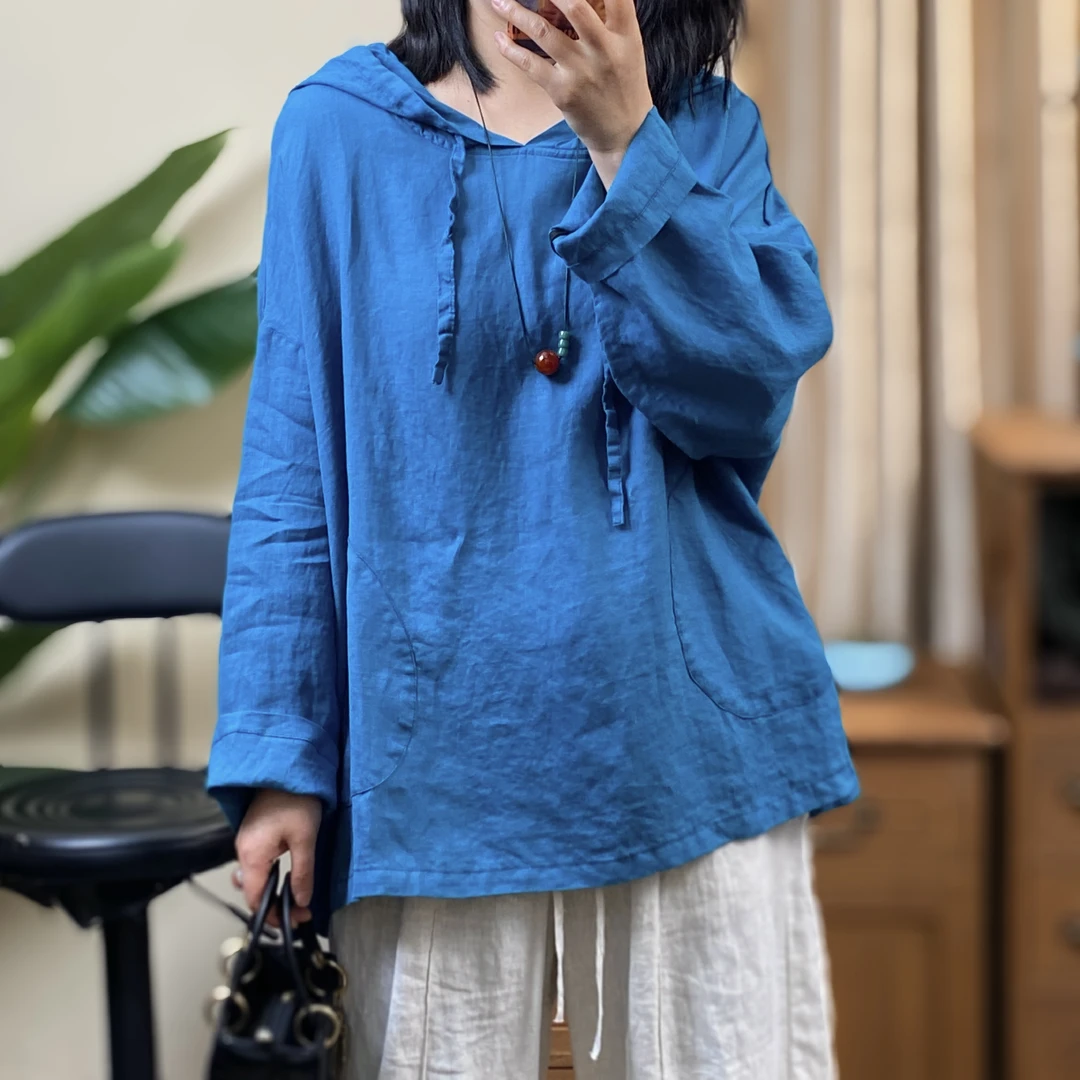 2025春季新款时尚百搭显瘦文艺复古纯亚麻带帽上衣