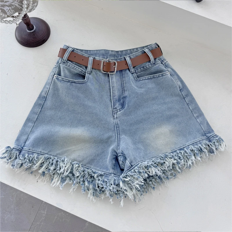 【退货补6元】流苏毛边牛仔短裤女设计感配腰链高腰A版氛围感百搭