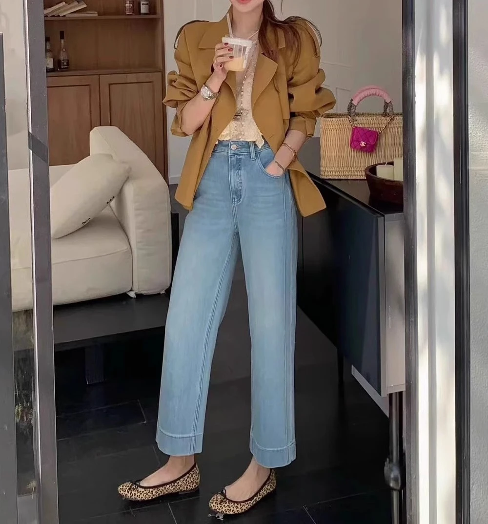 浅蓝色四面弹牛仔小个直筒裤女2025春夏韩版百搭显瘦九分烟管裤