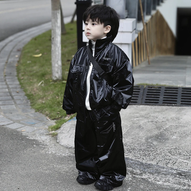 Jimmy妈童装 巴黎秀场 冬季新款亮皮机车风夹棉夹克外套长裤套装