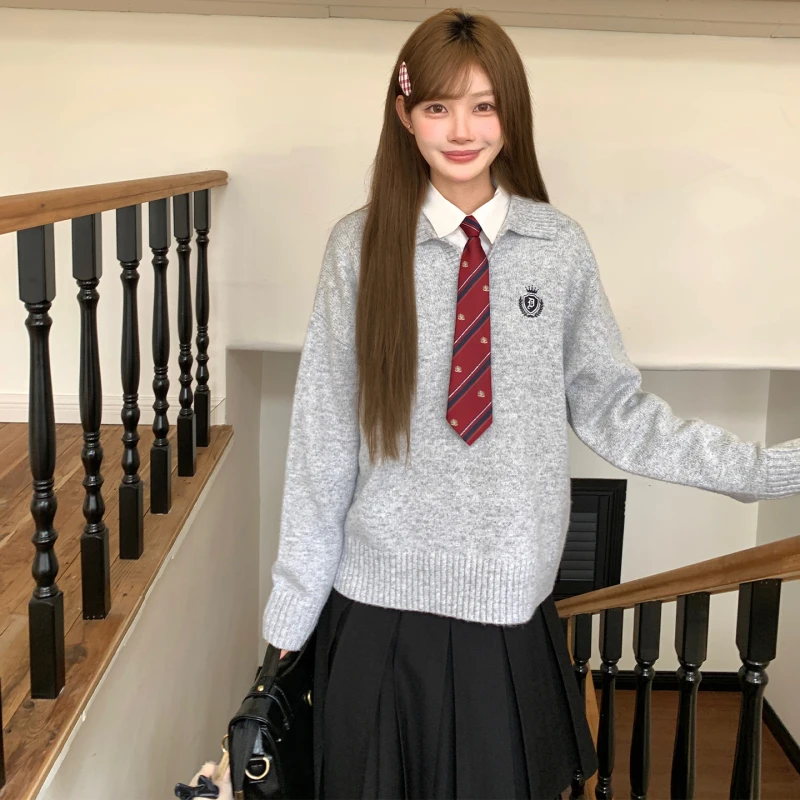 东京岁时记jk秋冬浅灰色套头POLO领毛衣女小个子学院风翻领针织衫