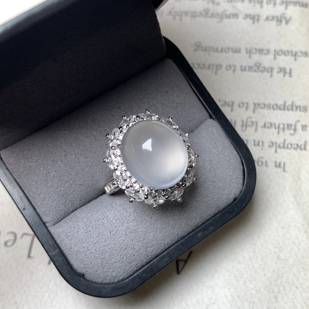 高品质俄料玻璃种天然石英质玉 大蛋面戒指925银豪华品质珠宝戒圈