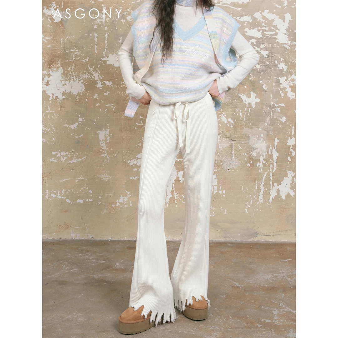 AsGony 针织阔腿裤女秋季高腰宽松垂感显瘦休闲直筒窄版拖地长裤