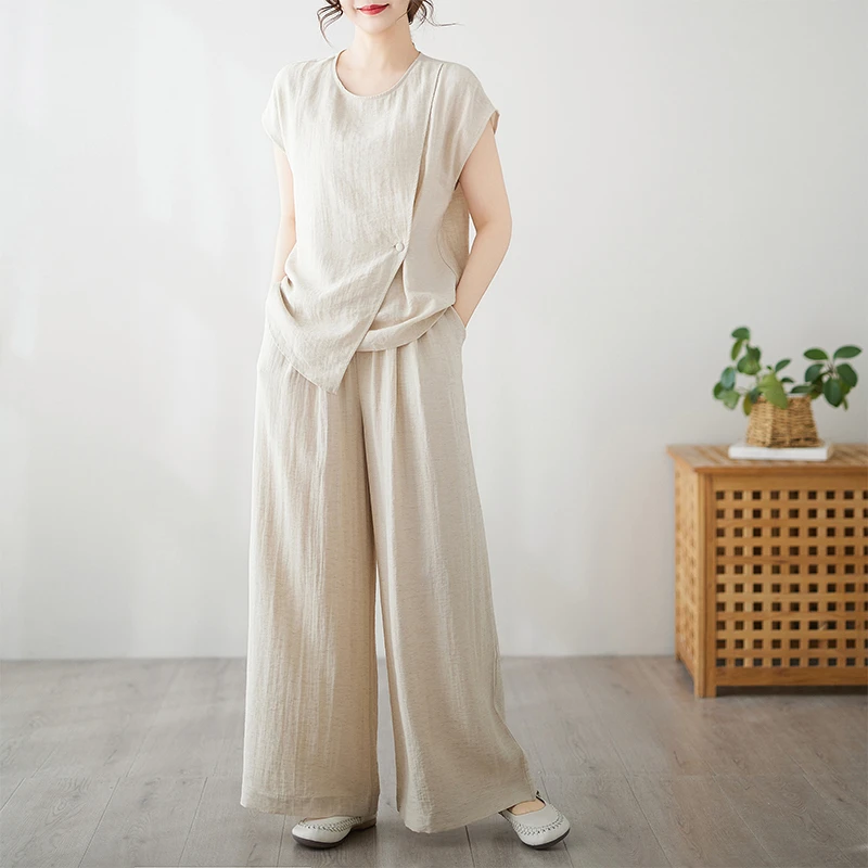 大码女士夏装新款高端棉麻亚麻套装妈妈宽松休闲苎麻阔腿裤两件套