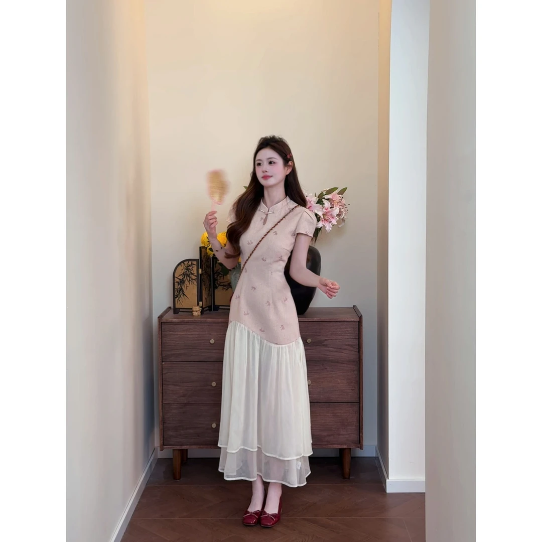 【心动恋曲】<77>新中式蝴蝶结刺绣拼接假两件旗袍连衣裙XMZH8363