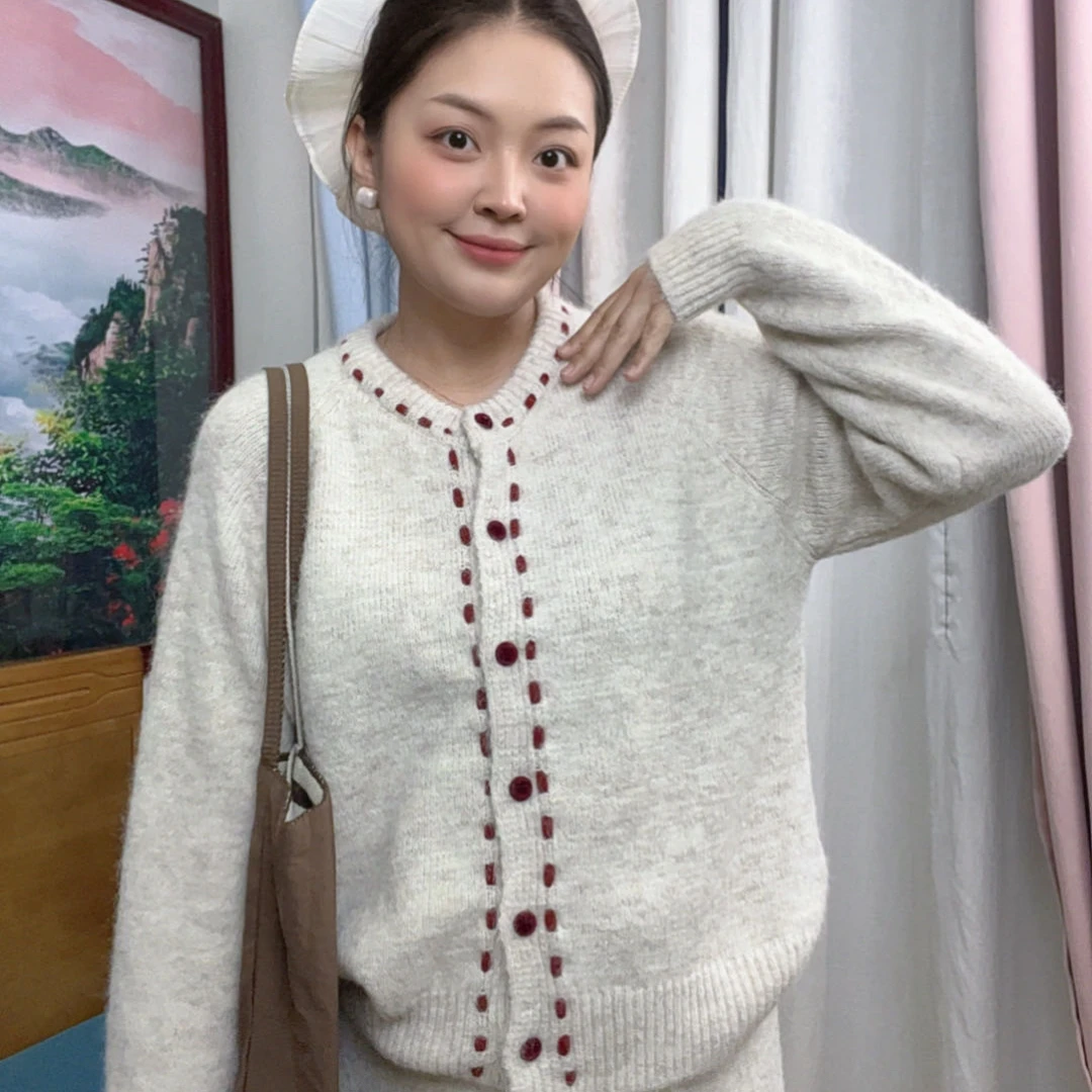 麦田家圆领针织开衫搭配高腰半身裙秋冬新款韩版宽松慵懒风套装
