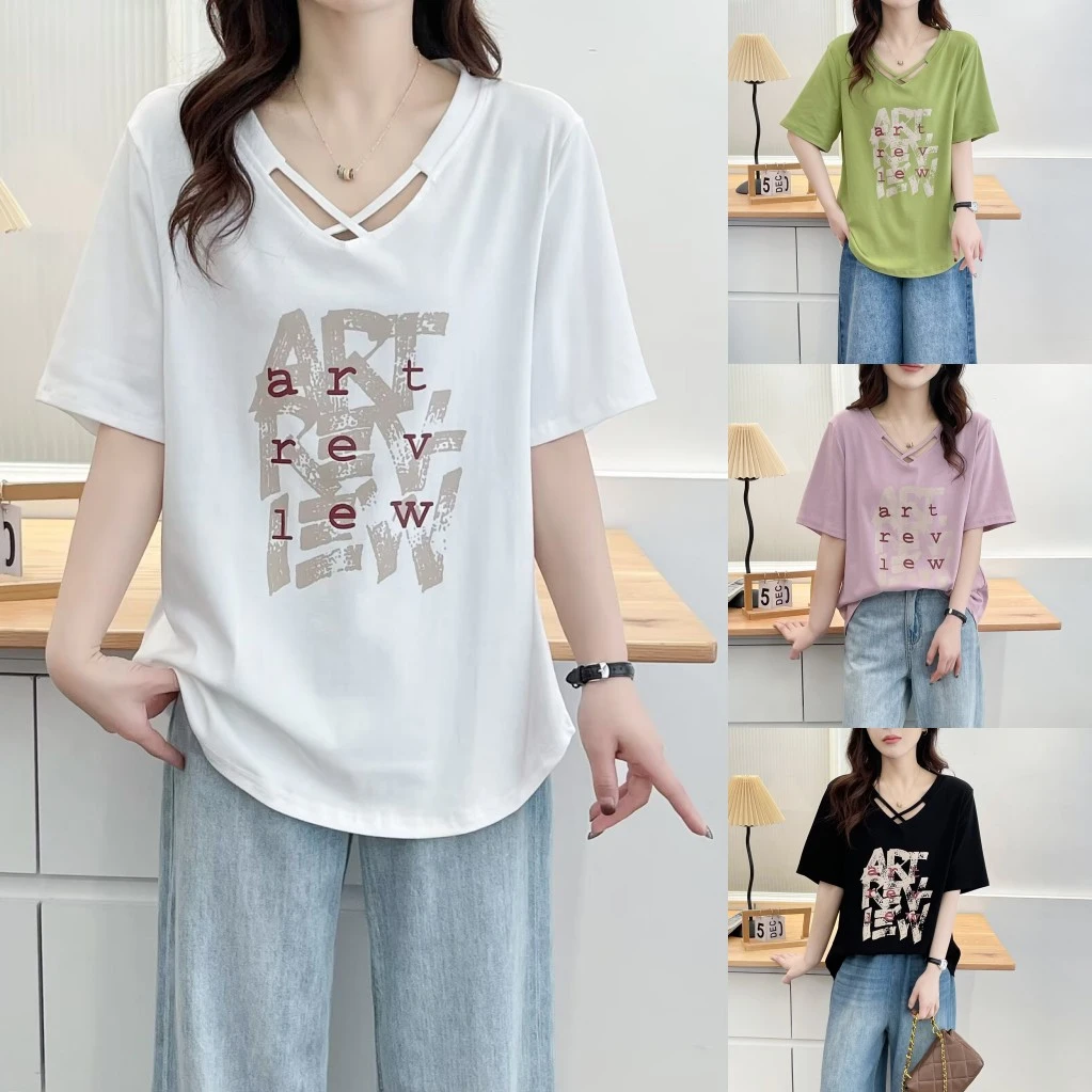 大码胖mm洋气显瘦字母印花交叉V领T恤女夏季新款宽松休闲正肩上衣