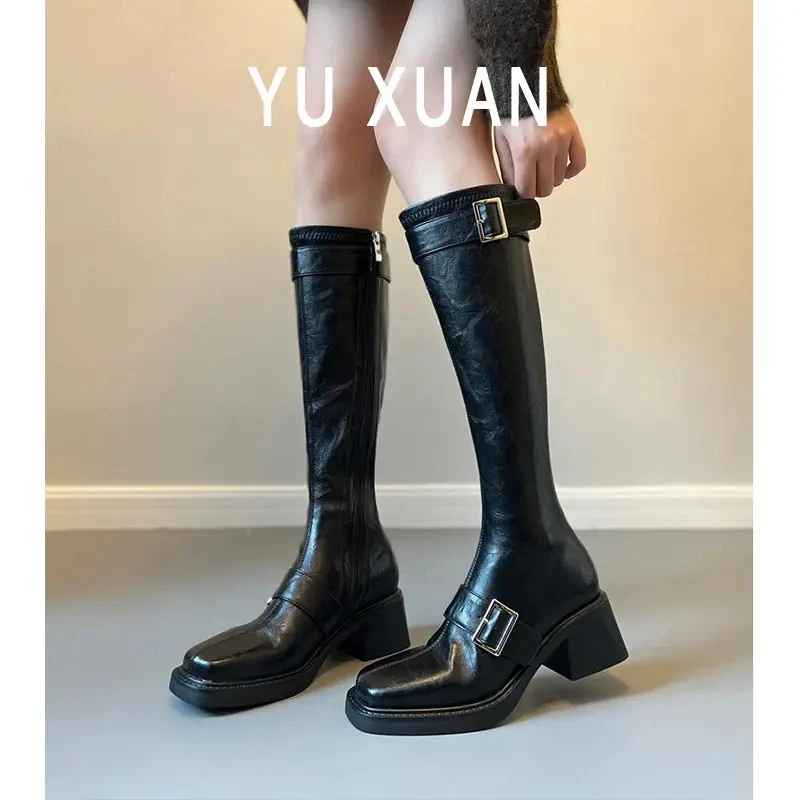 羊皮版~真皮金属扣厚底不过膝长靴粗跟长筒靴女高筒瘦瘦靴骑士靴