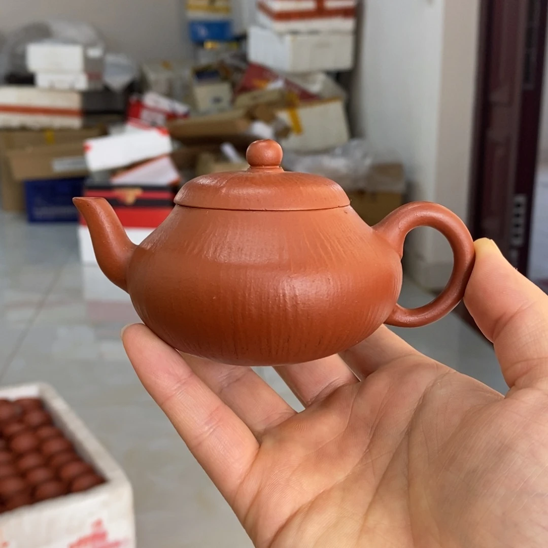 紫砂茶壶梨形皱皮120毫升朱泥